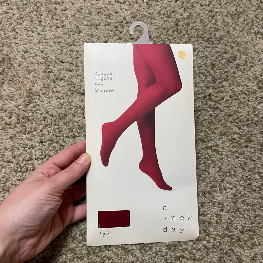 A New Day Womens Opaque Tights Red 50 Denier Size S/M Indie Twee Coquette NWT